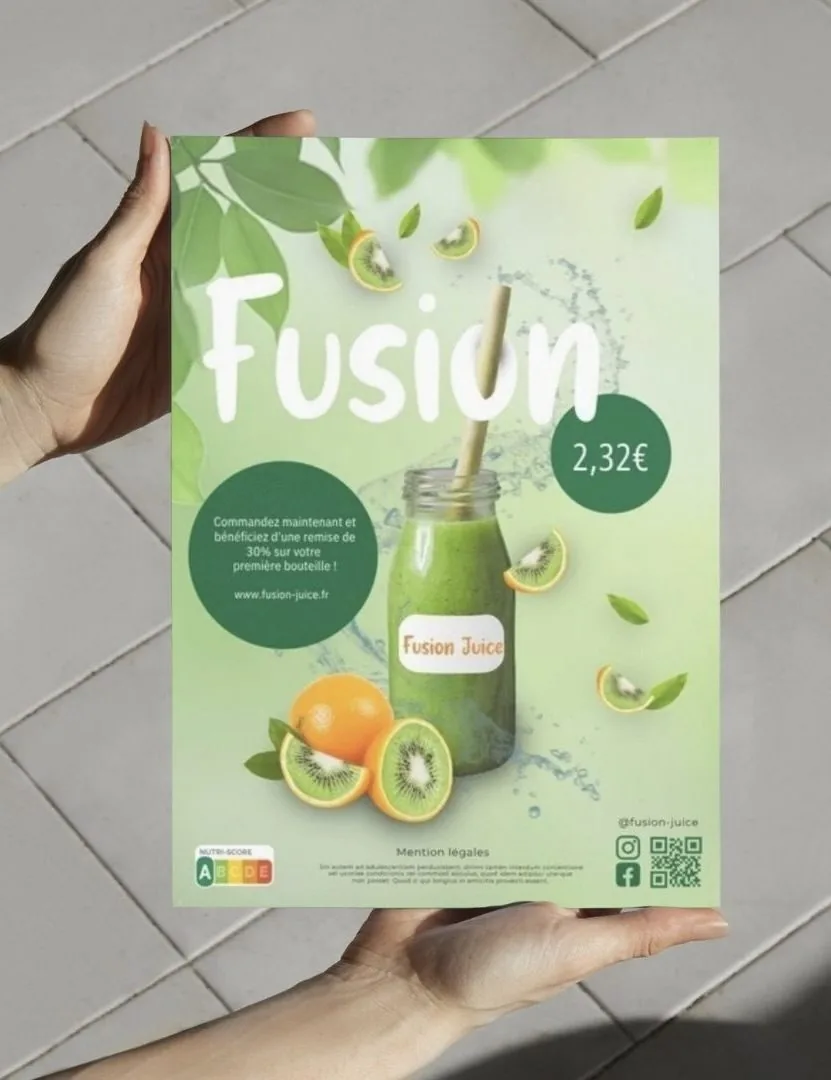 Mockup de l'affiche Fusion Juice tenue en main