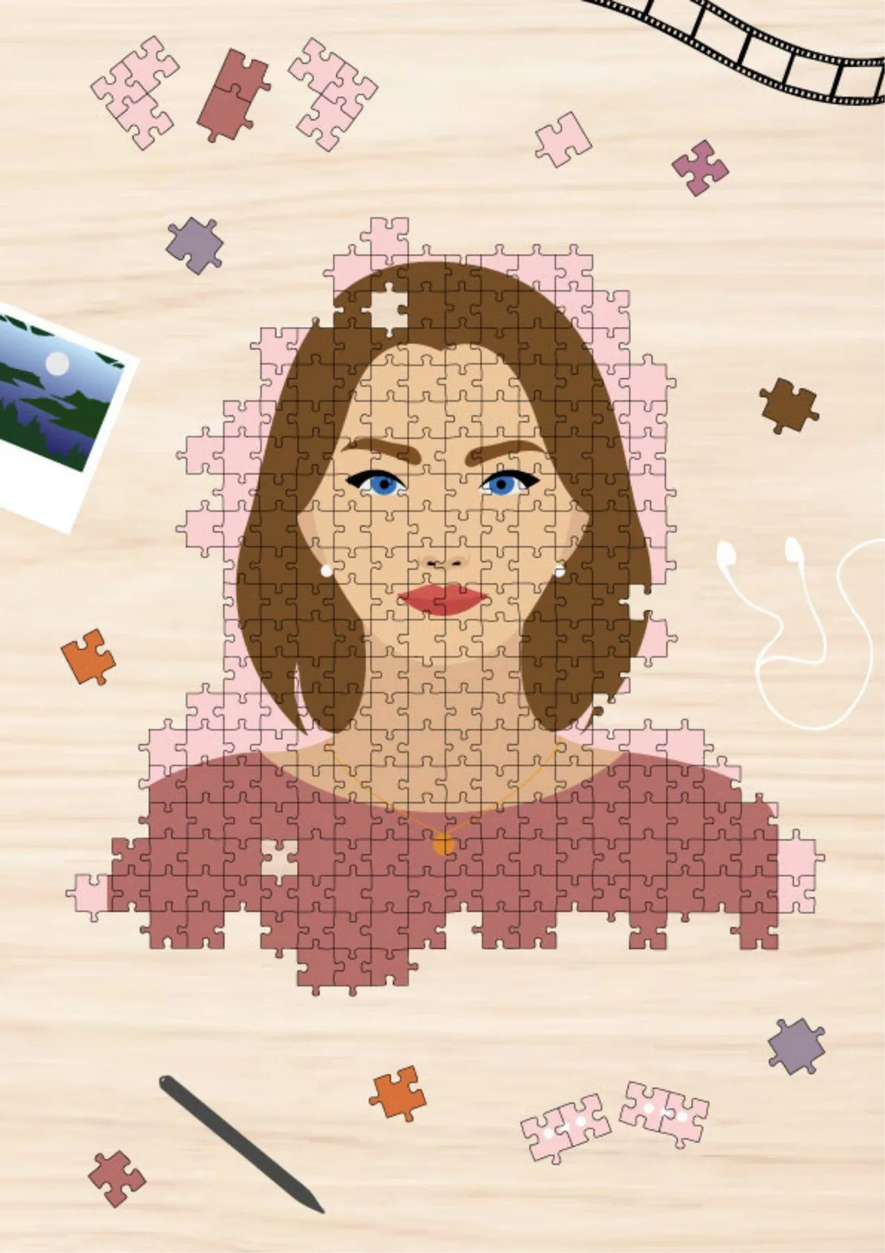 Illustration MMI : portrait d'une étudiante formé de pièces de puzzle, entourée d'objets symbolisant les compétences de la formation